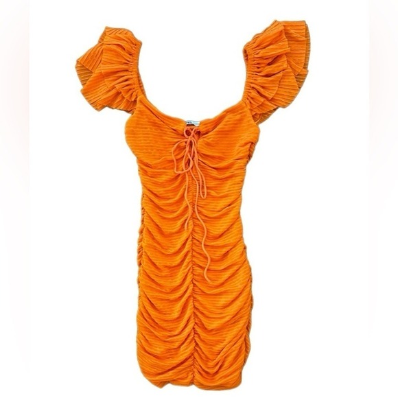 Zara Pleated Ruffle Mini Short Ruched Dress w/Ruffled Sleeves, Orange, Size S - Picture 6 of 10